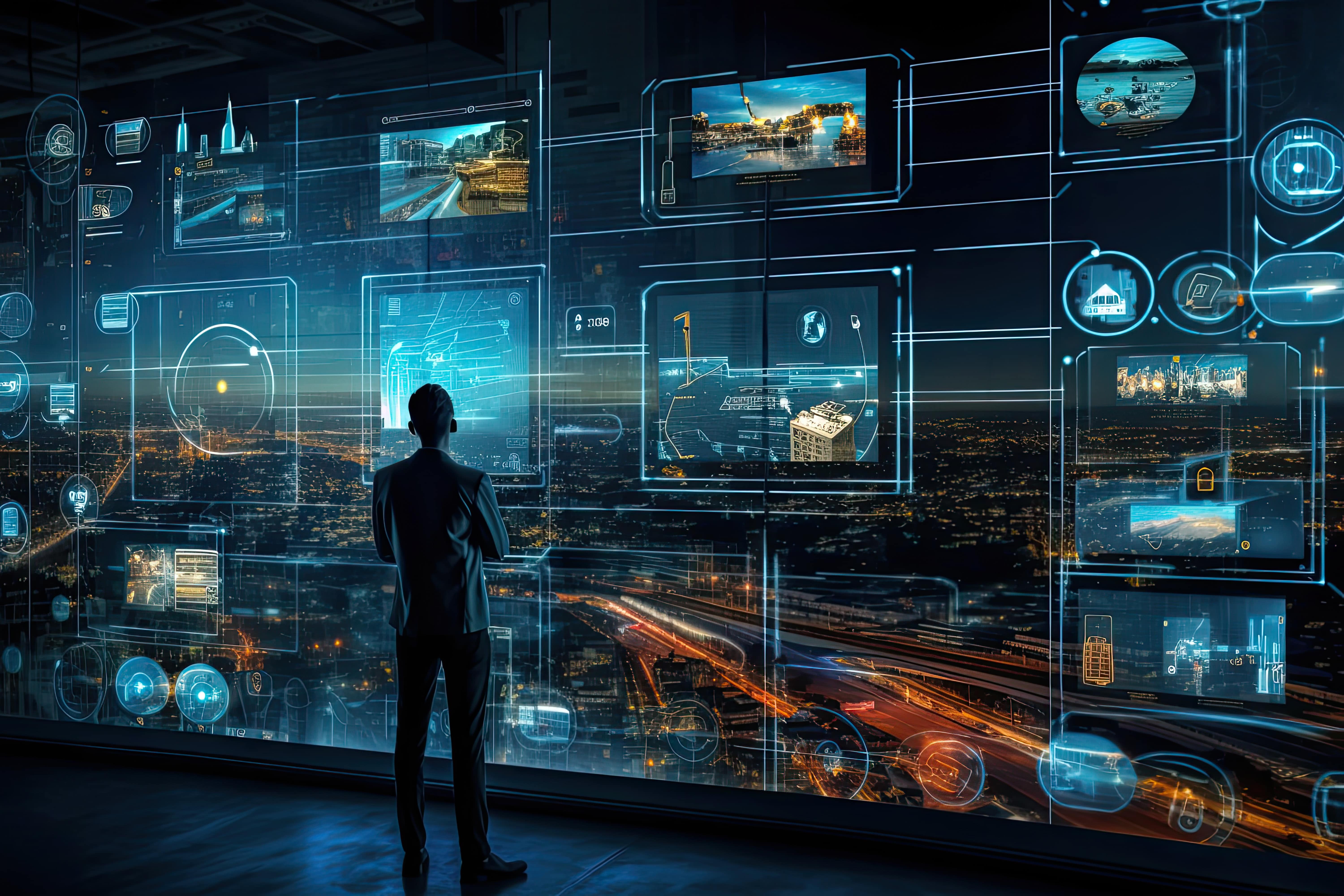 A person standing in front of a large display of technology.