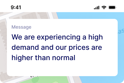A text message that reads we are experiencing a high demand and our prices are higher.